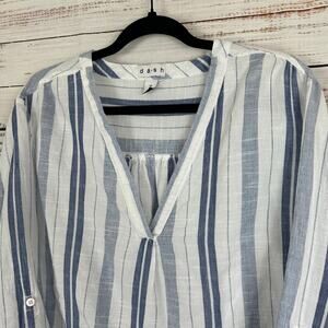 Womens DASH White & Blue Stripe Cotton V Neck Casual Pullover Top Coastal 2X